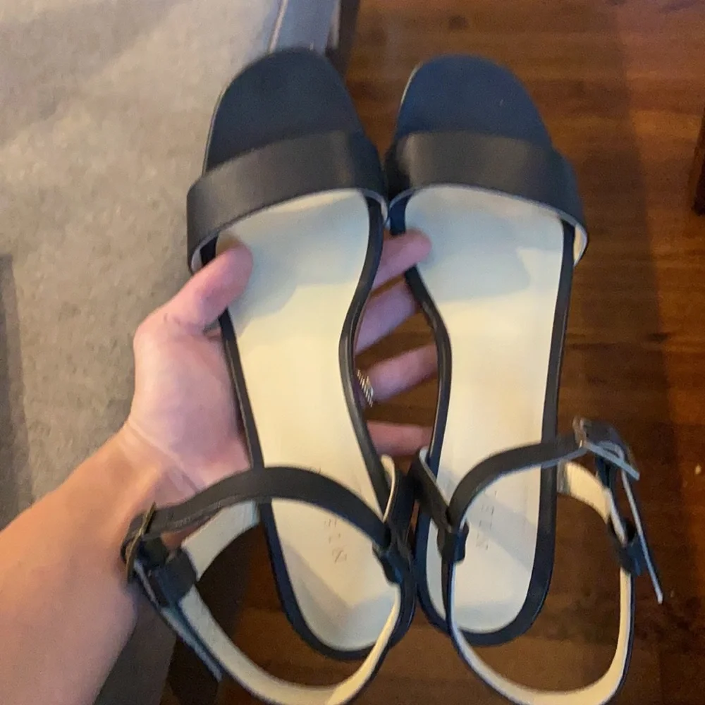 Nisolo Black Leather Strappy Block Heel Sandals with Wood-Tone Heel